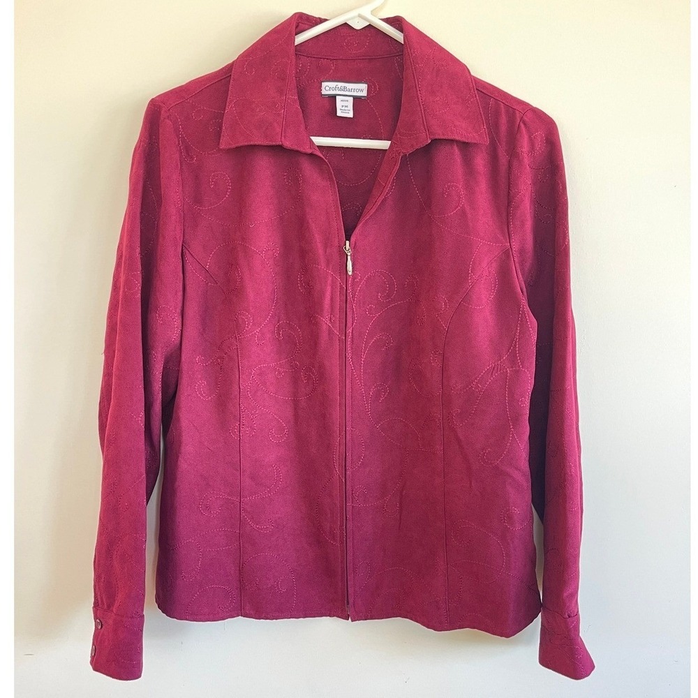 Croft & Barrow Womens Petite M Burgundy Embroidered Zip Up Jacket Faux Suede
